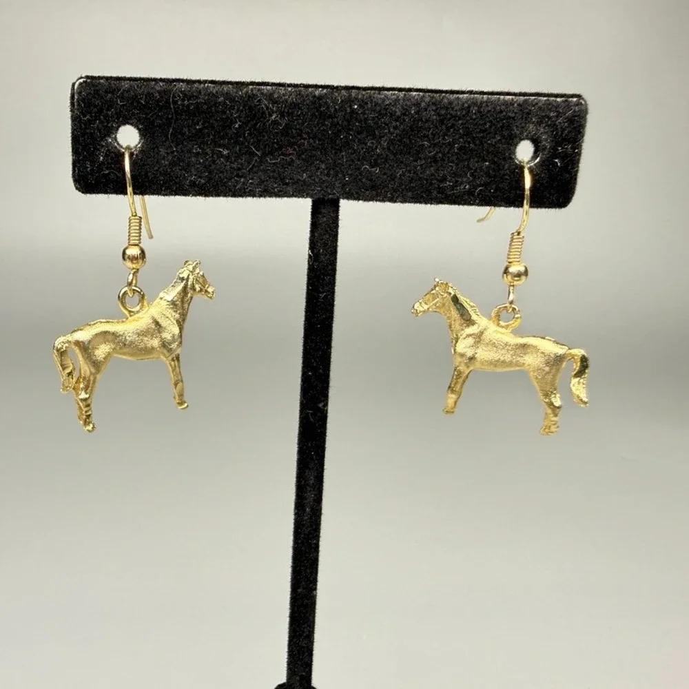 Vintage Horse Dangle Earrings Pierced Gold Tone 1990s Western Equestrian